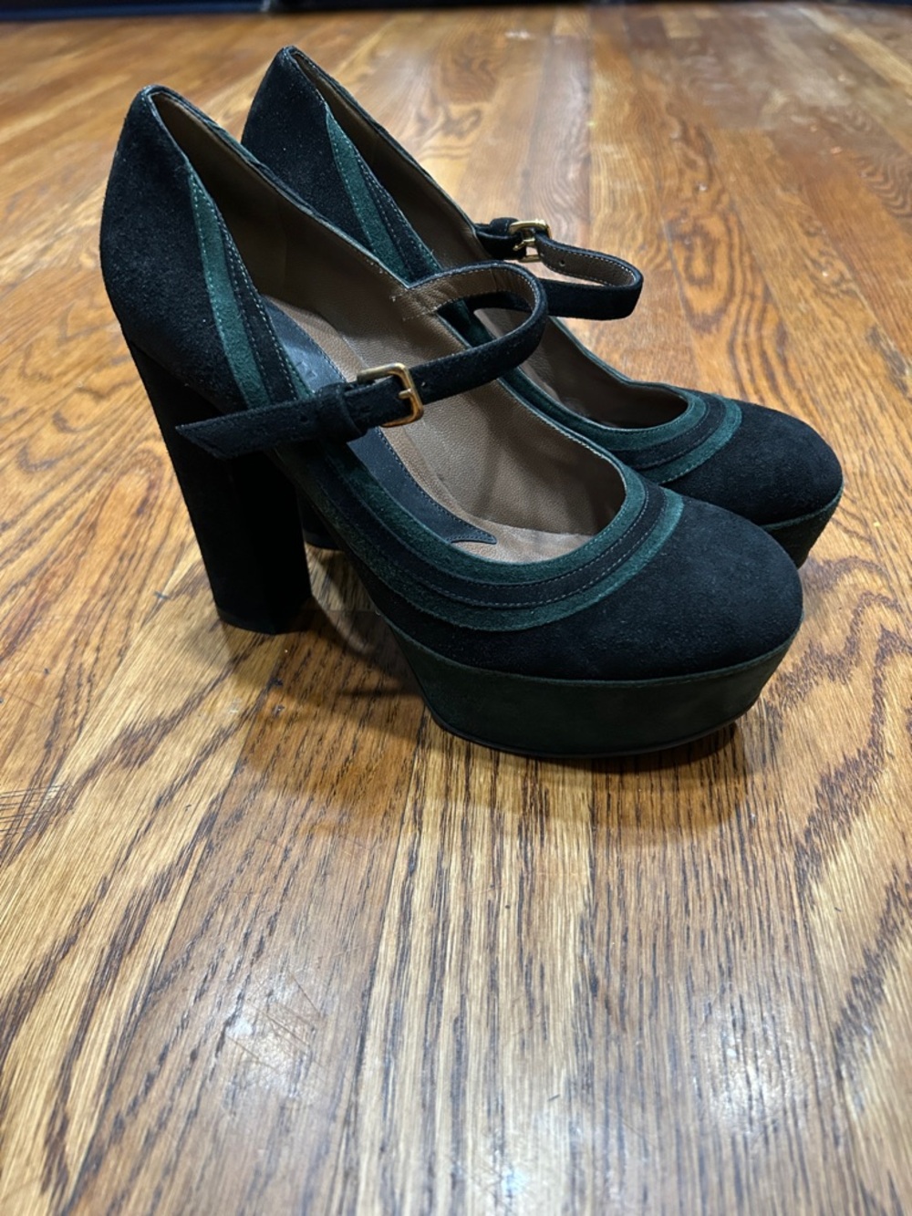 Marni Black Dark Green Suede Mary Jane Platform Heels Women’s Shoes Size 37.5
